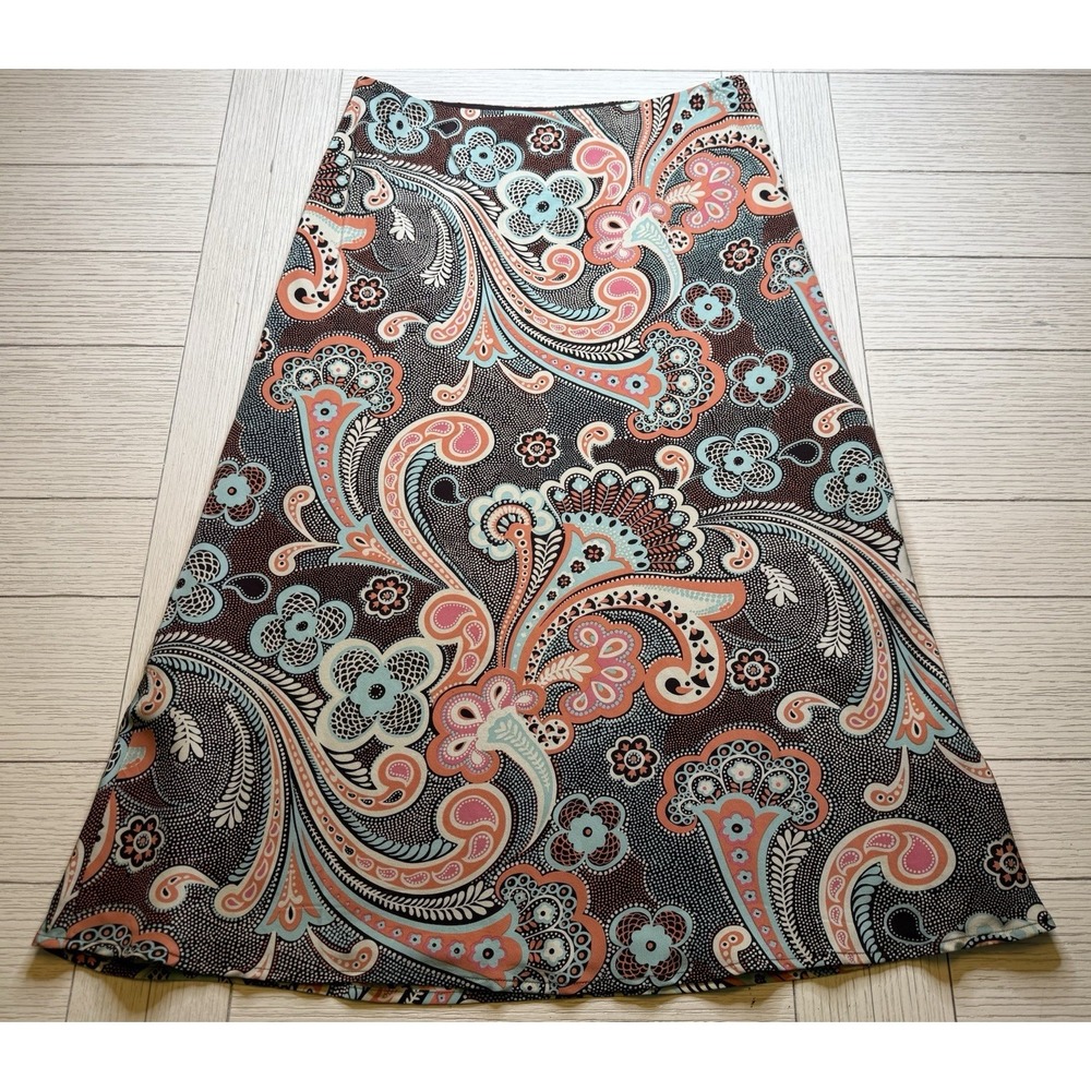 Harold's Silk Lined A Line Maxi Skirt Turquoise Brown Paisley 4 Boho Chic Career